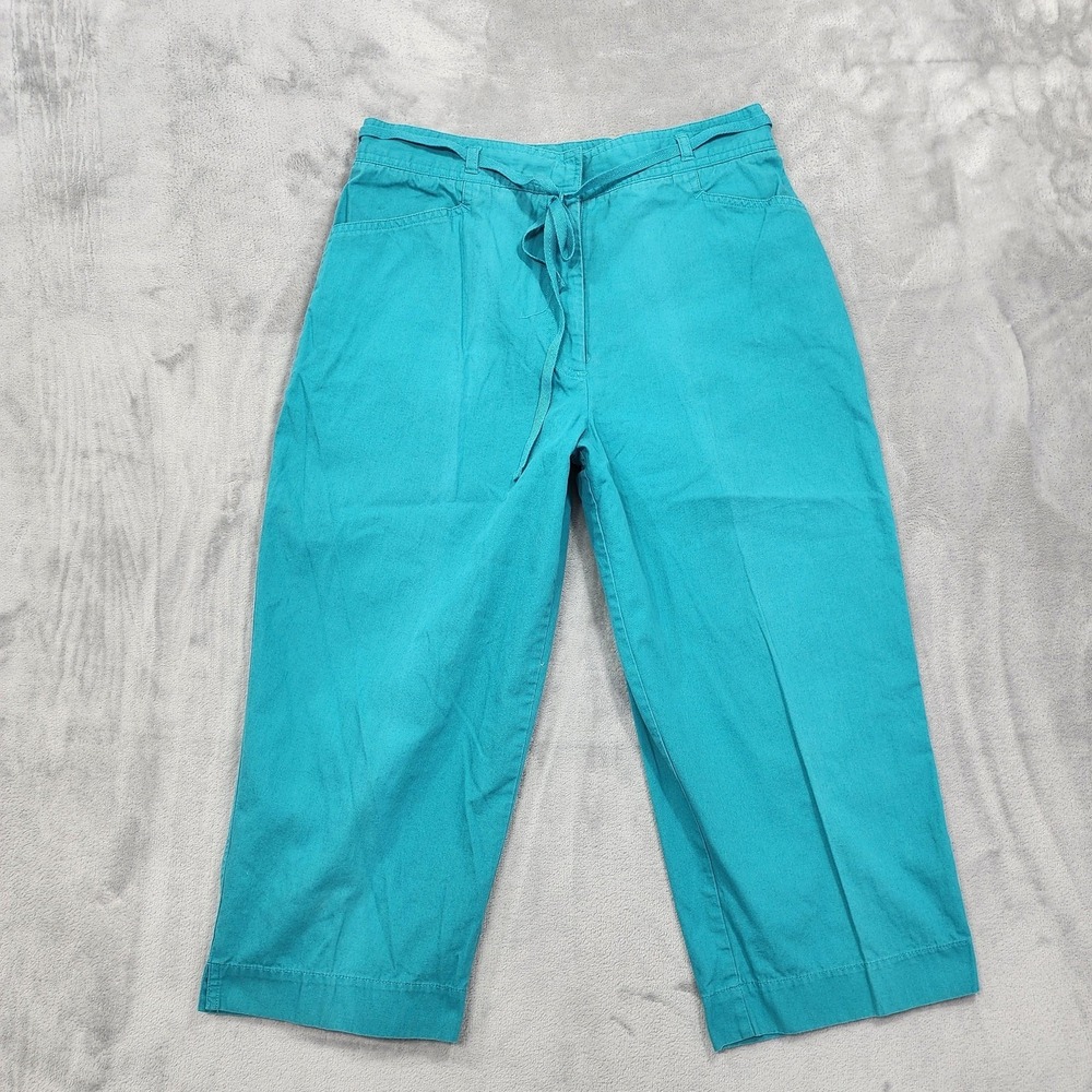 Vintage Sarah Bentley Pants Womens M Blue High Rise Capri Crop Tie Waist Casual